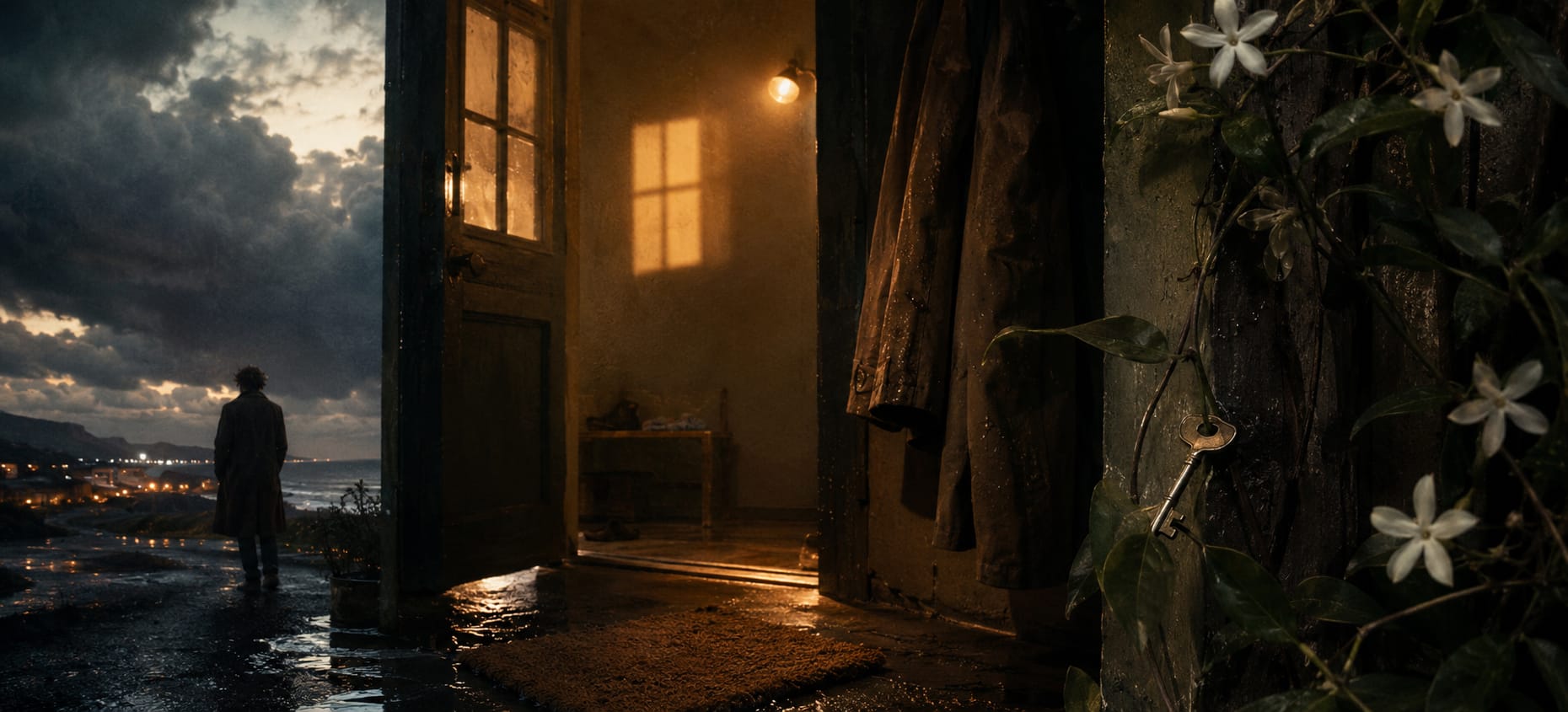 Coats drip by a wet doorway; flowers and a key rest outside as someone stands in the rain beyond.
