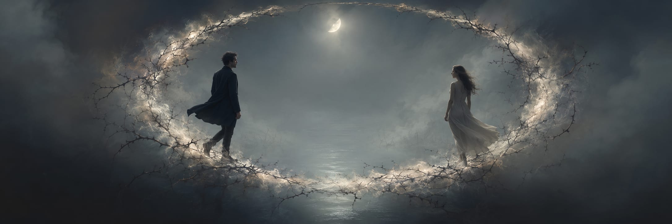 Under a crescent moon, two figures are separated by a glowing barrier as satire and subversion swirl around them in misty chaos.