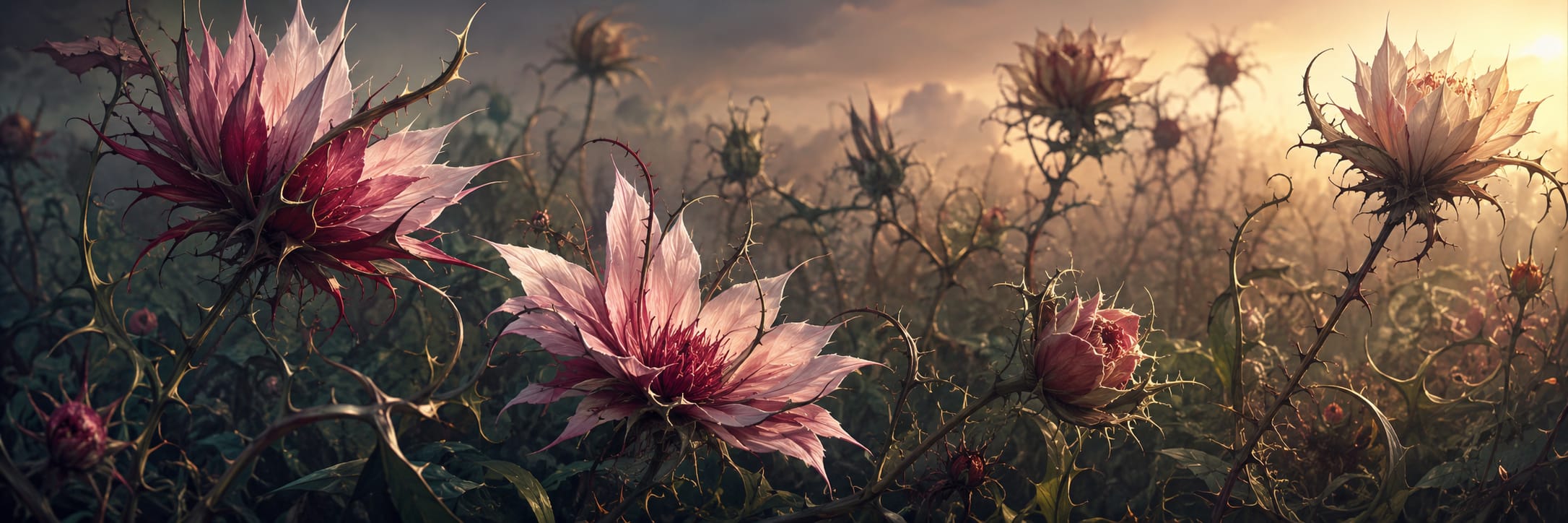 Large, spiky pink flowers with green stems stand in a surreal field at sunrise, with glowing clouds in the background.