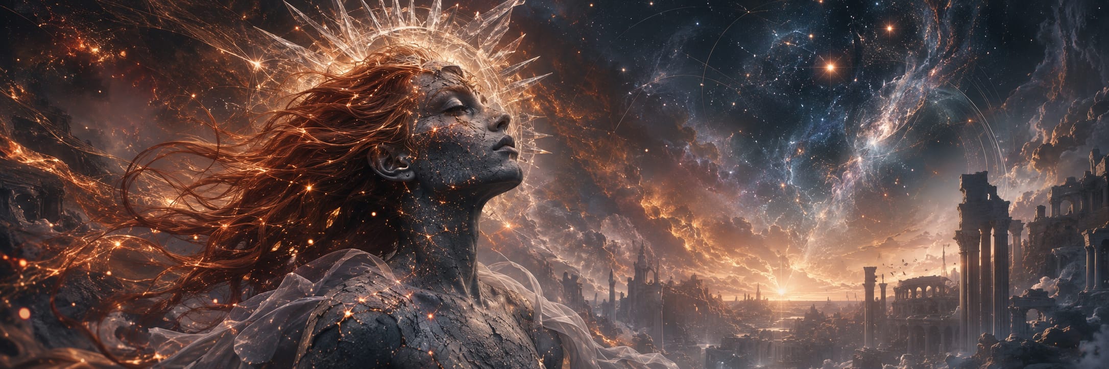 A surreal figure with glowing hair and a radiant crown stands among ancient ruins beneath a cosmic, star-filled sunset sky.
