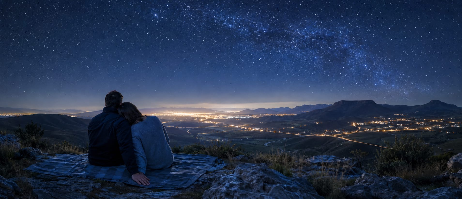 Two people sit on a blanket, gazing at a starry sky above city lights and distant mountains.