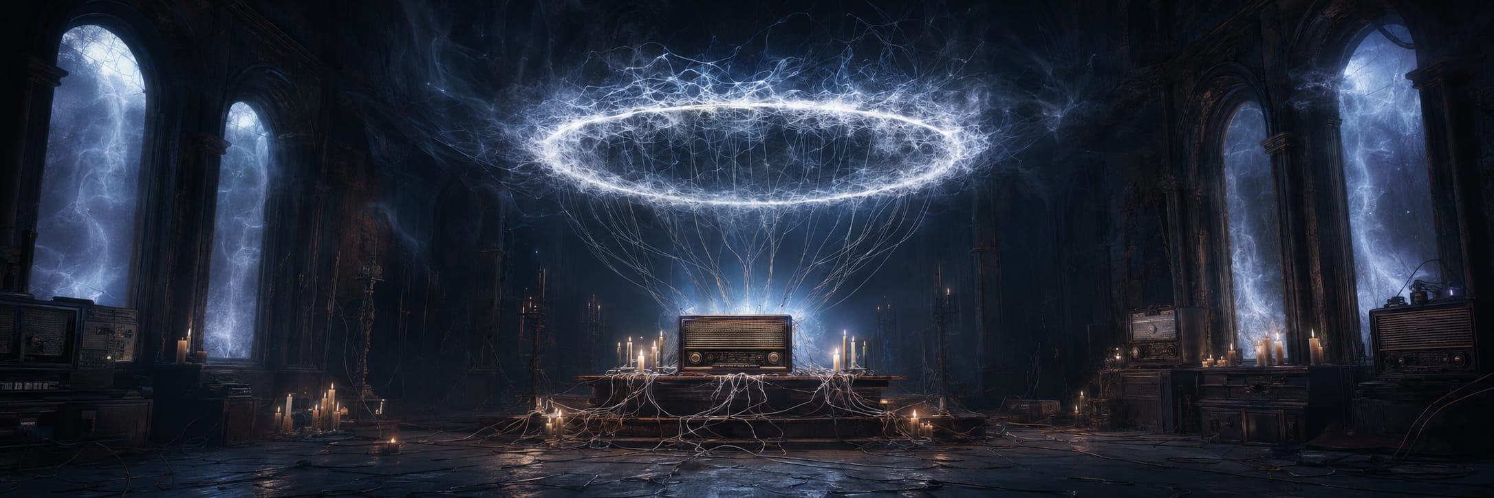 An old radio sits on a table with flickering candles and a glowing electric ring, creating a surreal, fantastical atmosphere.