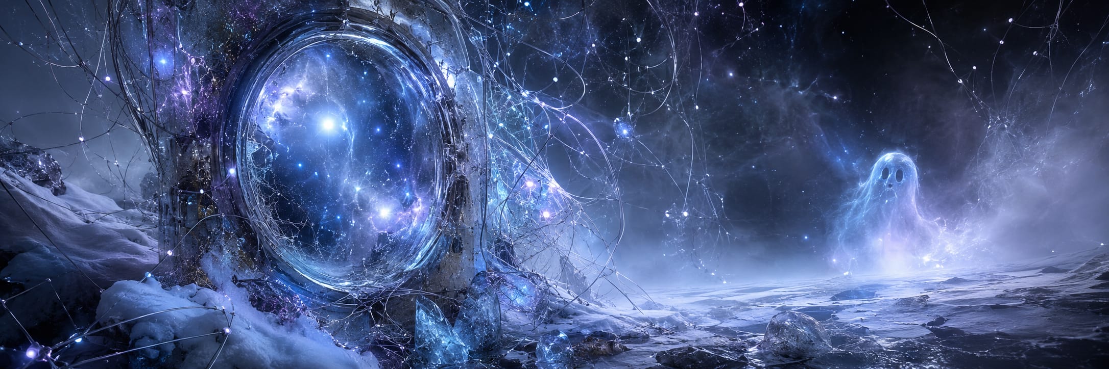 A glowing portal shimmers on an icy, surreal landscape as a ghostly figure is reflected in swirling blue and purple cosmic lights.