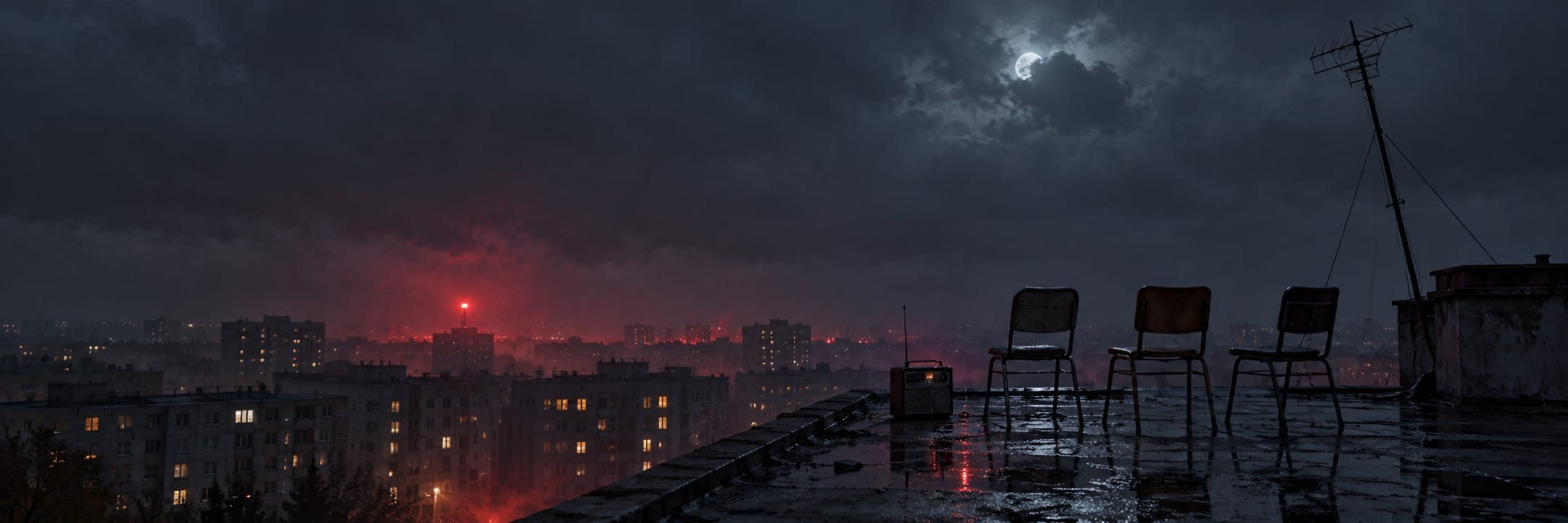An analogue radio and three empty chairs sit on a rooftop above apartment blocks under a red-lit storm cloud.