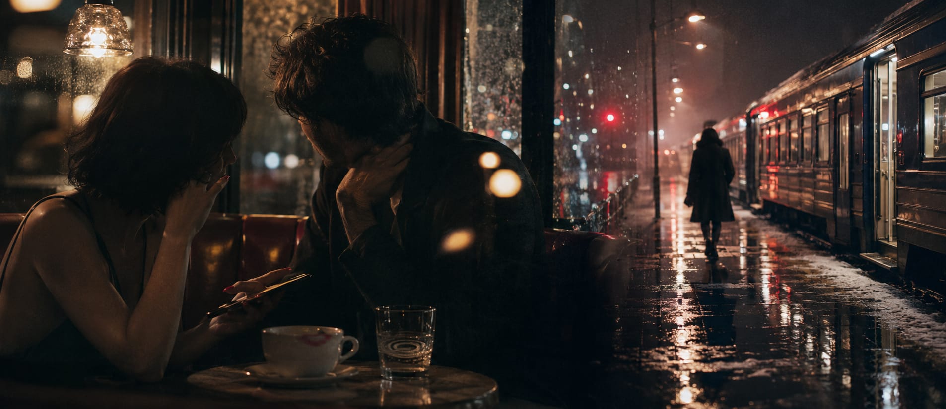 Two people sit together at a café table by a rainy window; outside, someone waits beside a train on the wet platform.