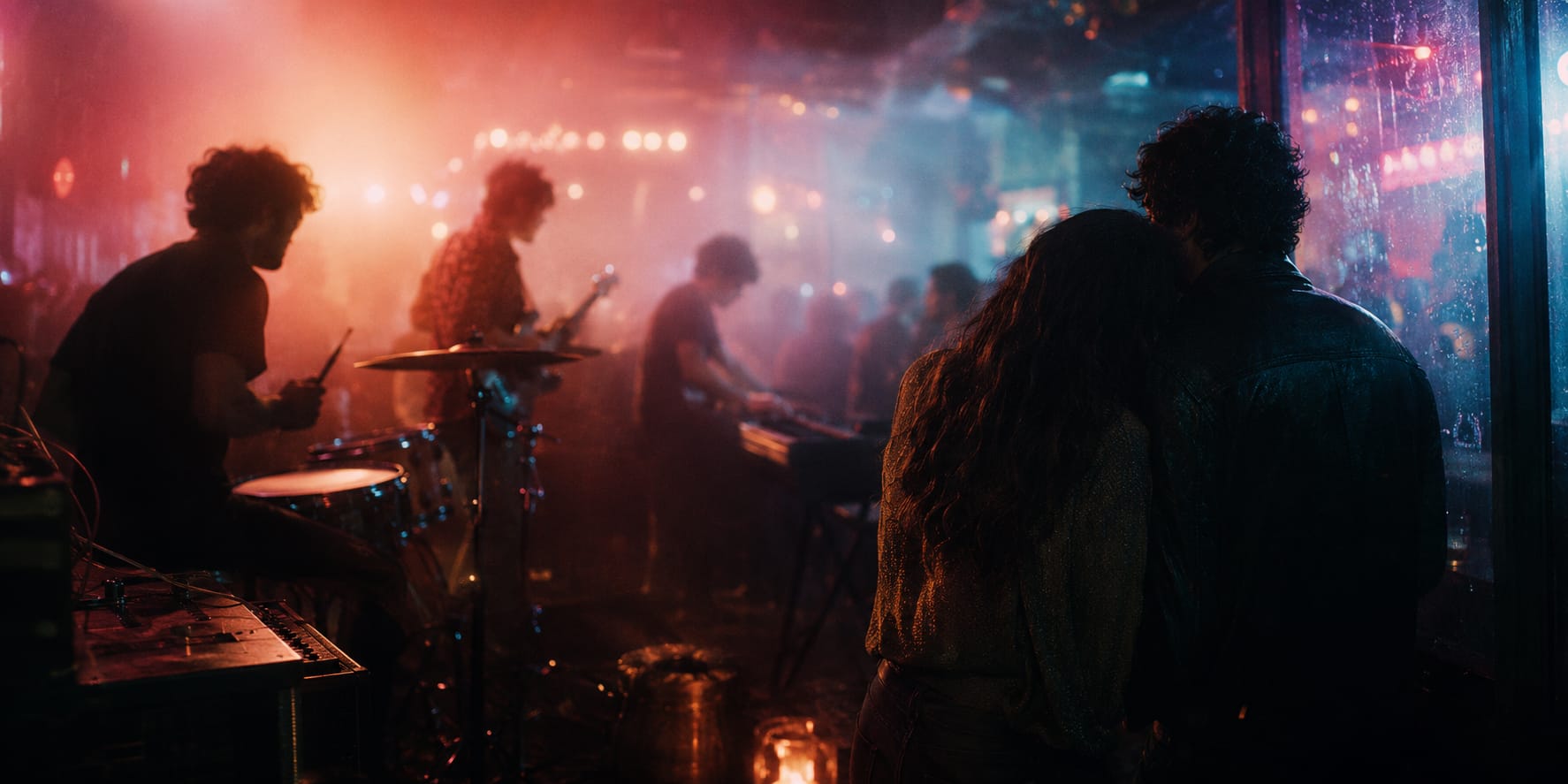 A band plays on stage in a crowded bar as two people sit close together by a window, enjoying the music.