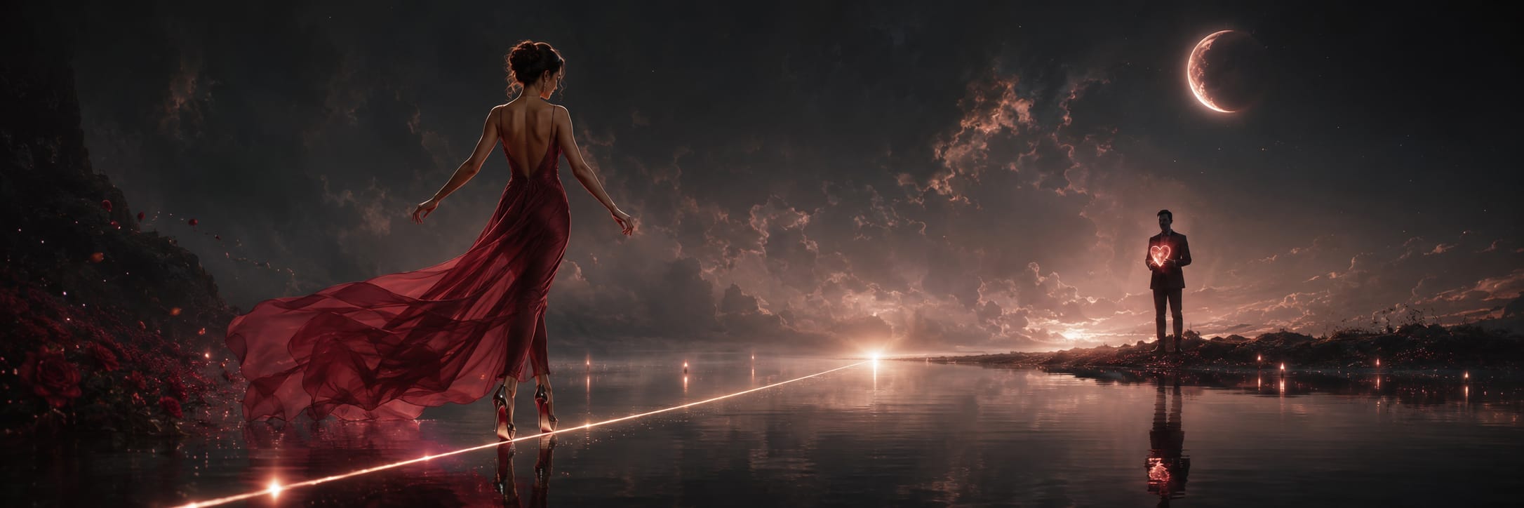 A woman in a red dress walks along a glowing path over water with swirling reflections, dramatic clouds, and a crescent moon above.