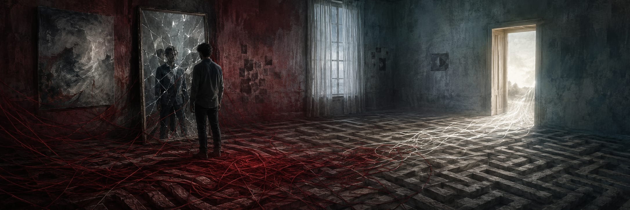 A person faces a cracked mirror as red and white threads lead through chaos toward a bright open door.