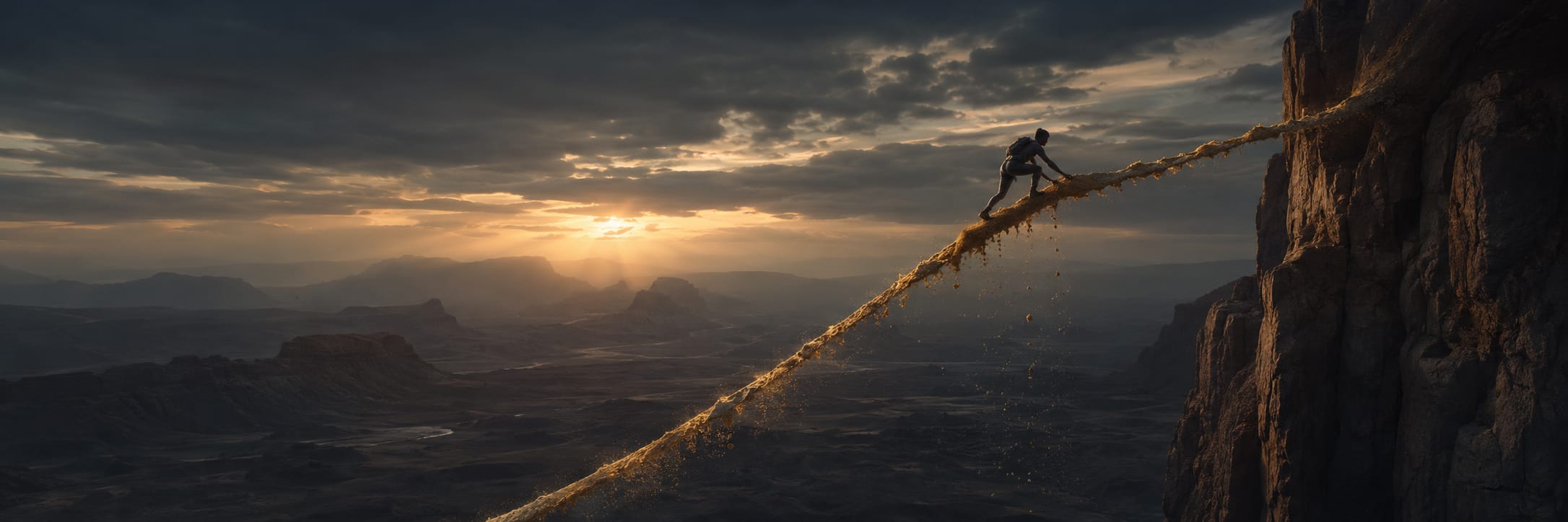 A person climbs a sand rope toward a cliff with mountains and a dramatic sunset in the background, showing determination.