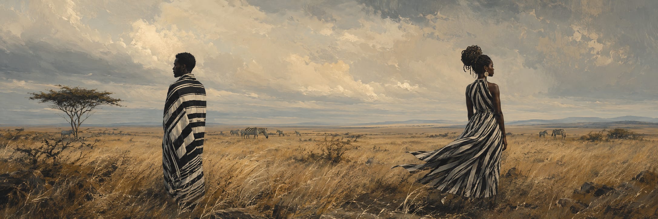 Two people in striped clothing stand apart on a surreal savanna under a cloudy sky, evoking themes of nature and reflection.