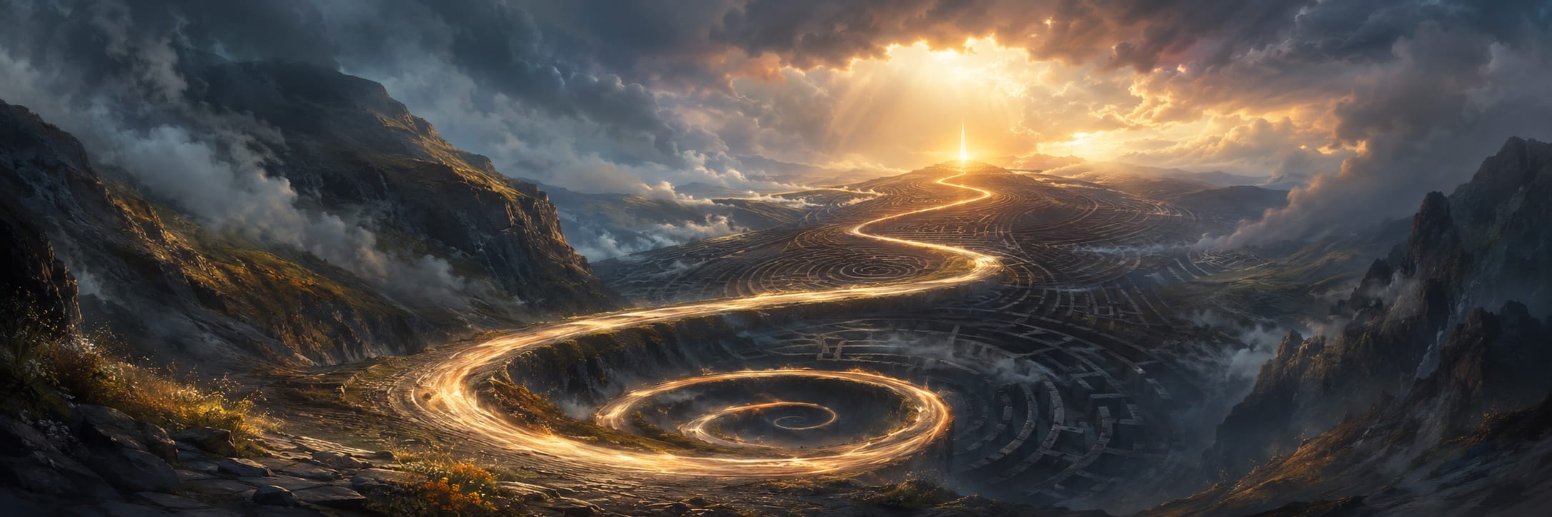 A glowing spiral path leads toward a bright horizon, bordered by mountains and swirling clouds.