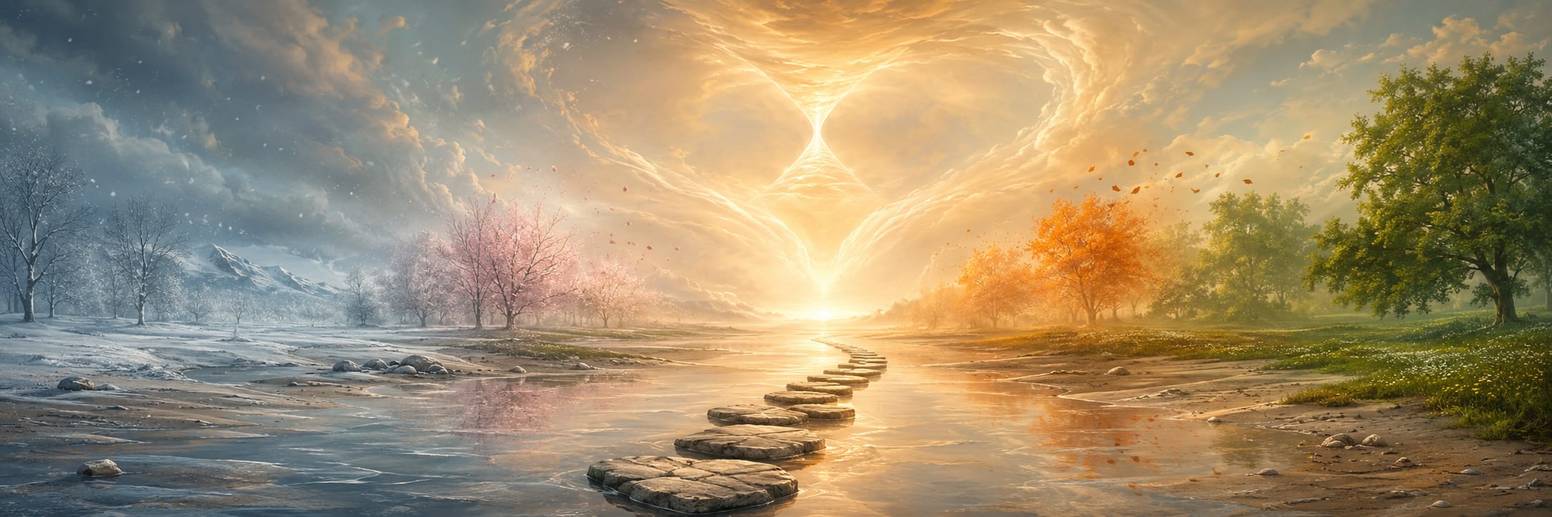 A stone path spans a river through changing seasons, beneath a glowing heart-shaped sky symbolizing strength and spirit.
