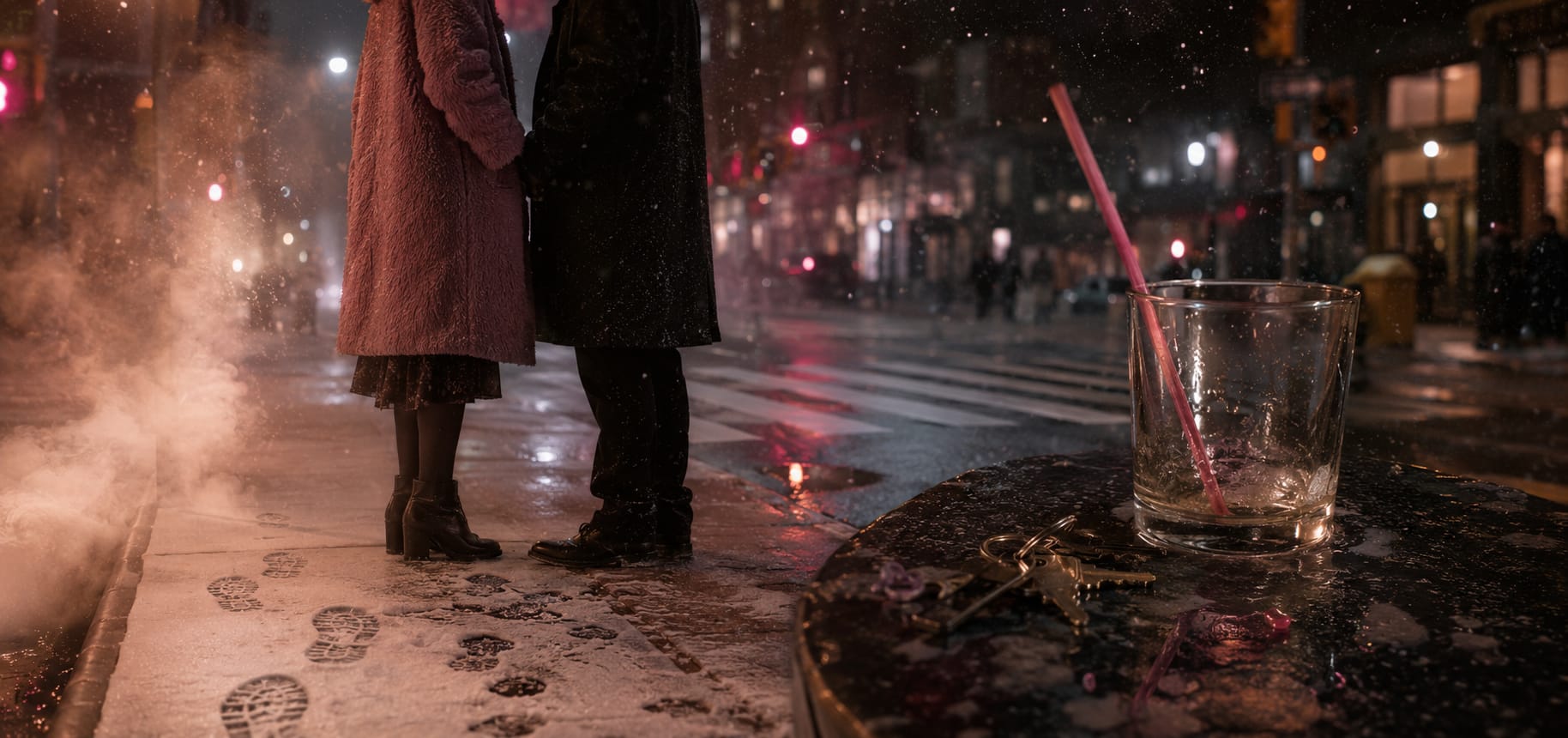 Two people stand close on a snowy city sidewalk at night, next to a wet table with a glass and keys.