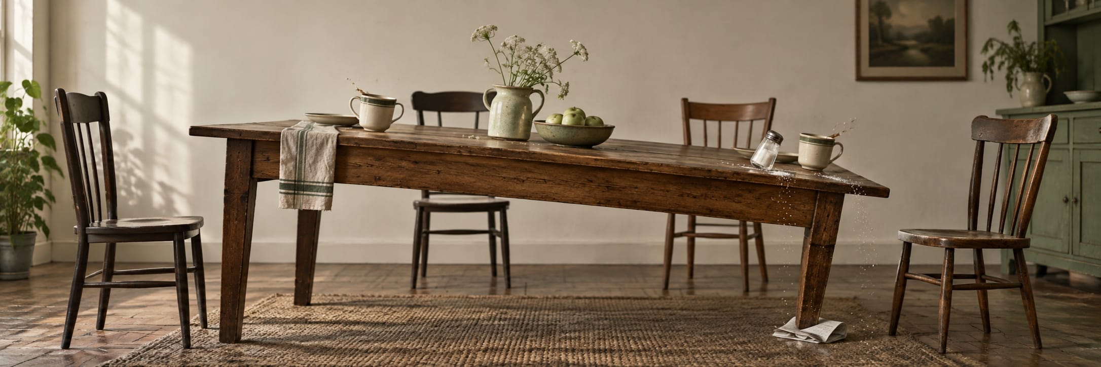A wooden dining table with one short leg spills water, surrounded by four chairs, dishes, a towel, and a vase of flowers.