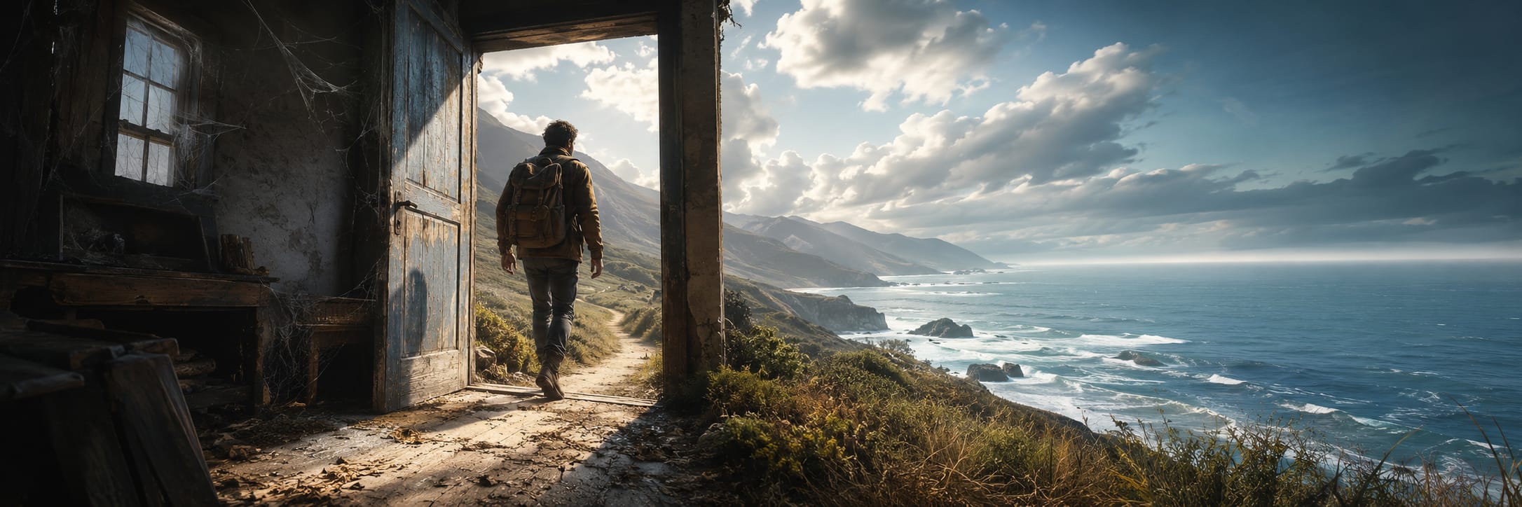 A person with a backpack leaves a weathered building, stepping onto a coastal path beneath cloudy skies.