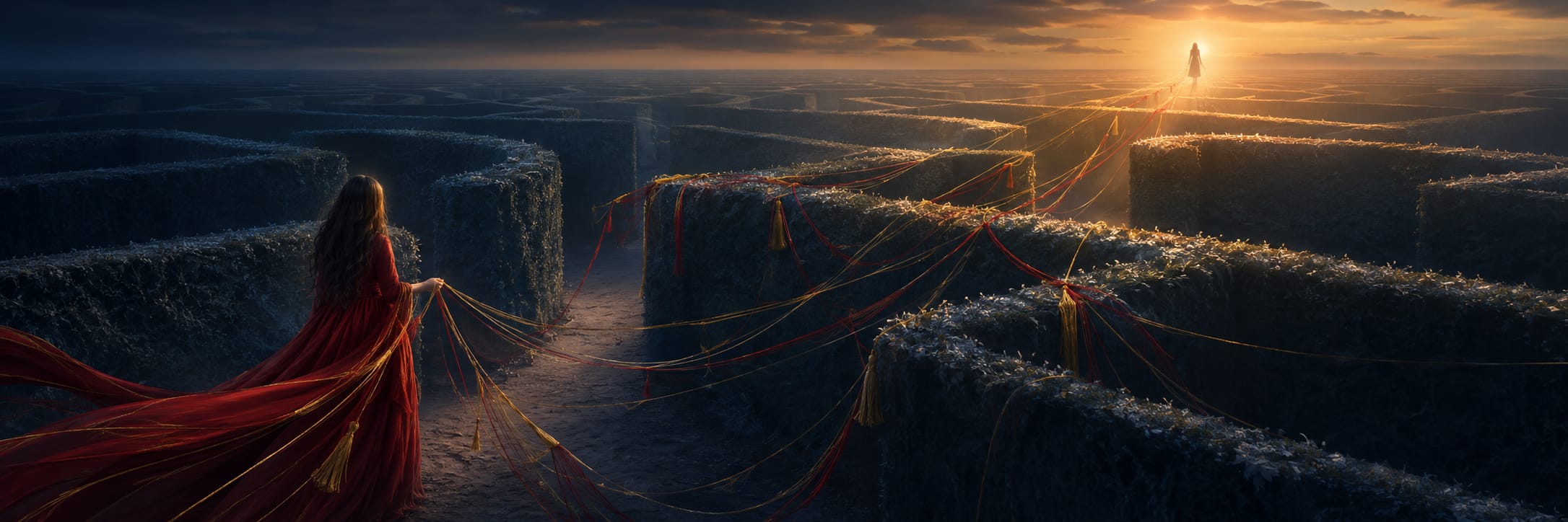 A woman in red stands in a maze, holding ribbons that lead toward a glowing figure beneath a dramatic sky.