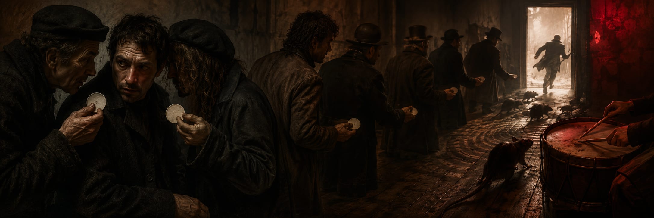 People in dark coats hold round objects as rats scurry, one heading toward a red-lit exit in a chaotic scene.