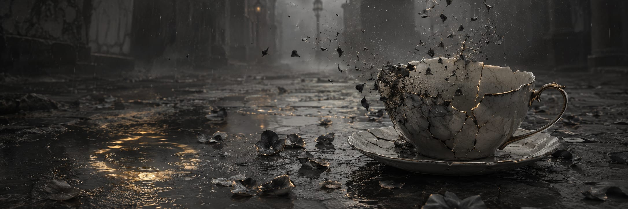 A cracked teacup shatters on a wet, reflective street amid scattered fallen leaves.