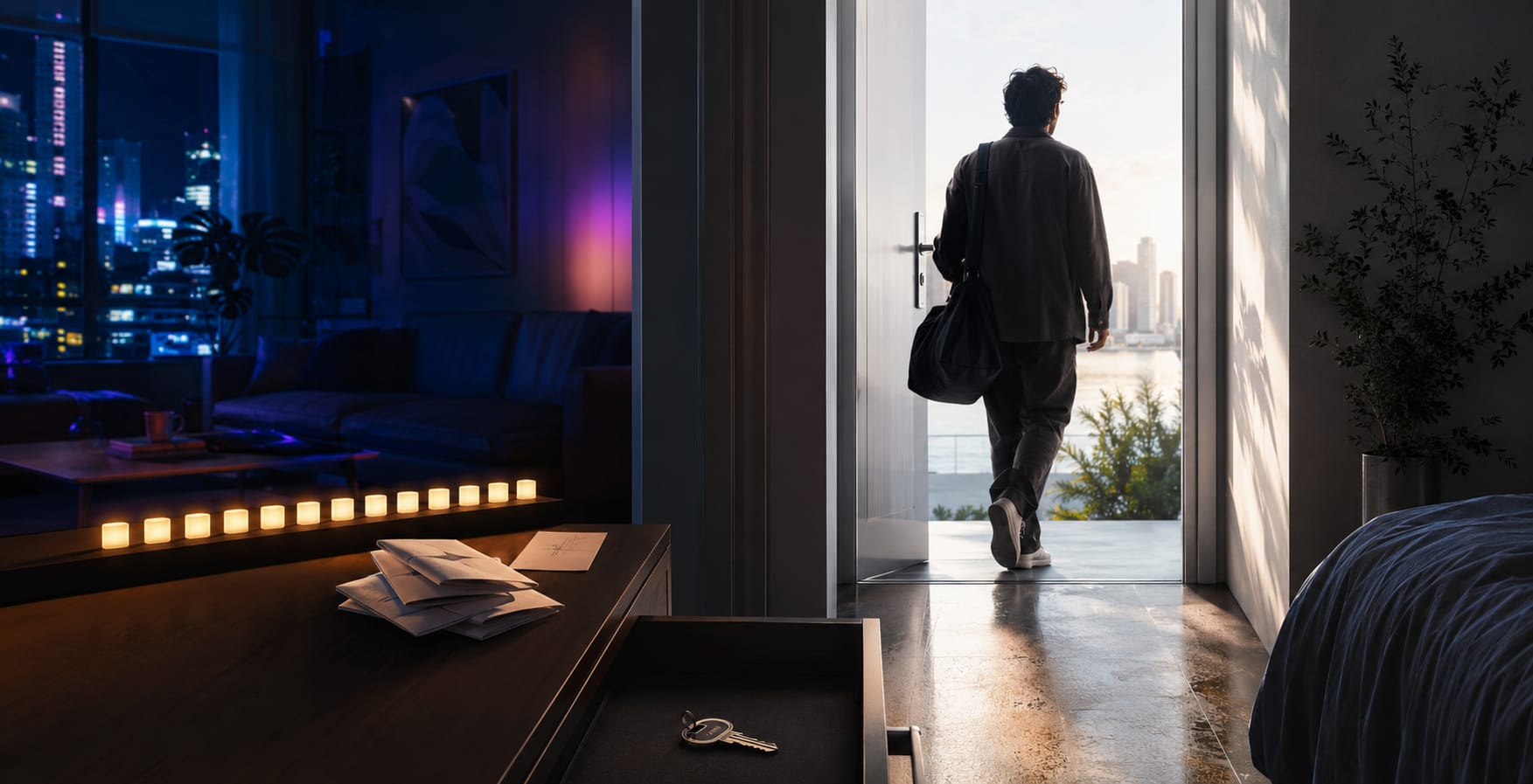 A person with a bag leaves an apartment at sunset, setting keys and letters down before heading toward the city skyline.