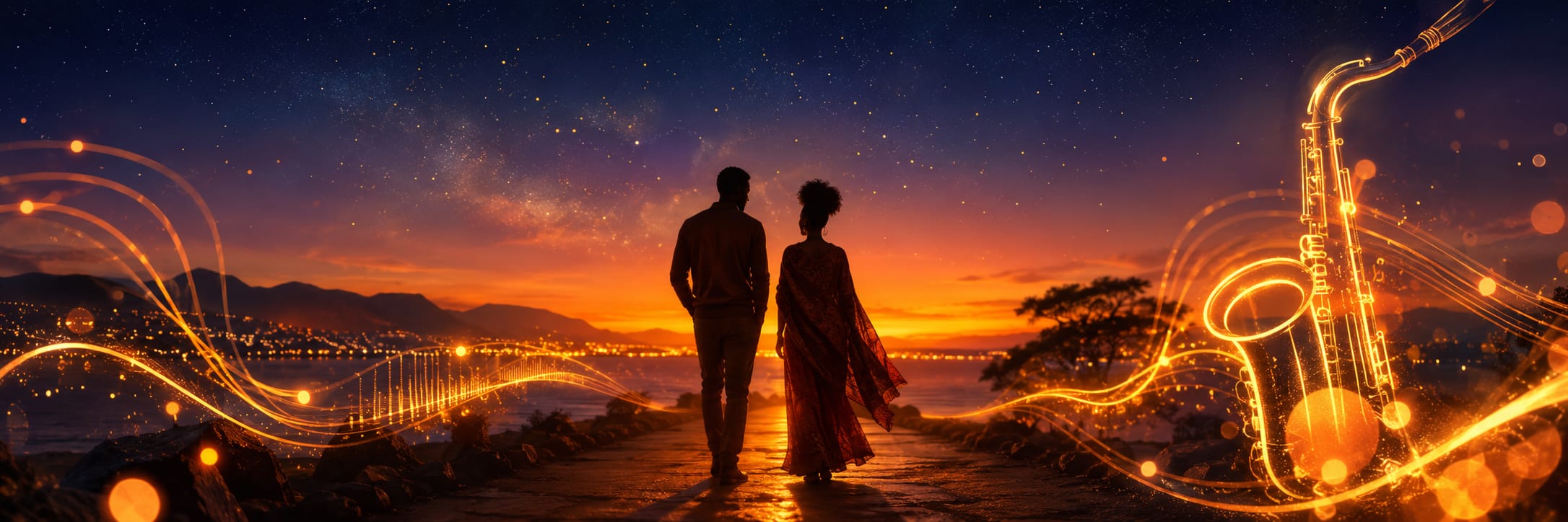 A couple walks by water at sunset, with glowing music notes and a Zulu saxophone overlaying a chaotic scene.