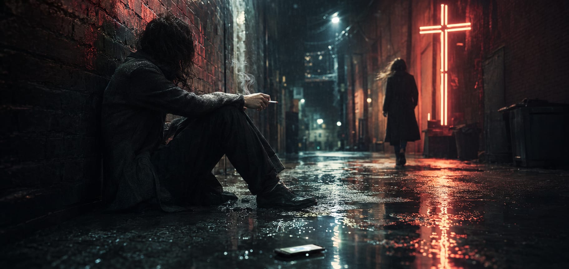 A phone lies abandoned in a rainy alley, nature reflected on wet ground as smoke drifts under a neon cross.