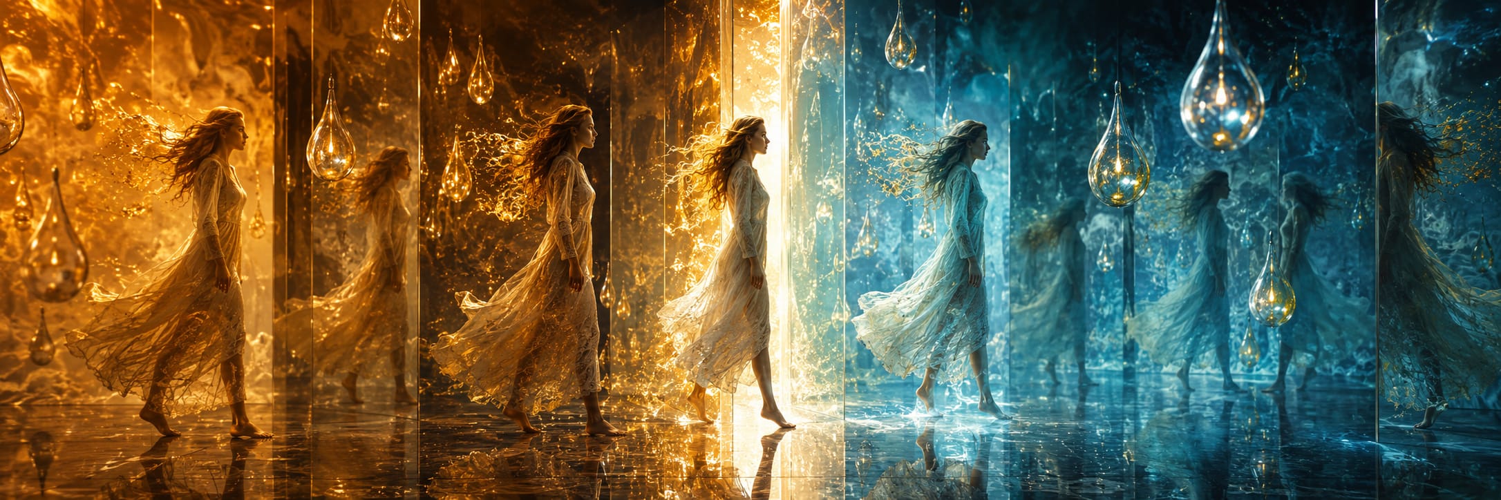 Women in flowing dresses walk through a mirrored, surreal space divided by vibrant orange and blue, evoking fantastical natural beauty.