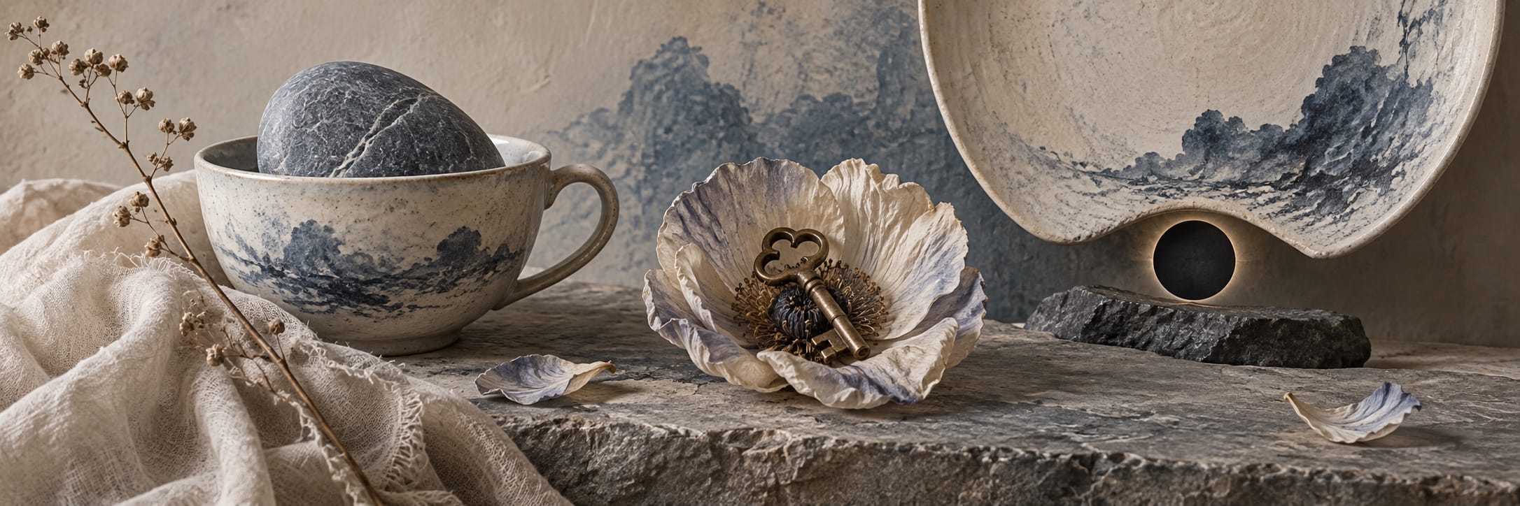 A stone in a teacup and a ceramic flower holding a key rest among dishware and dried plants.