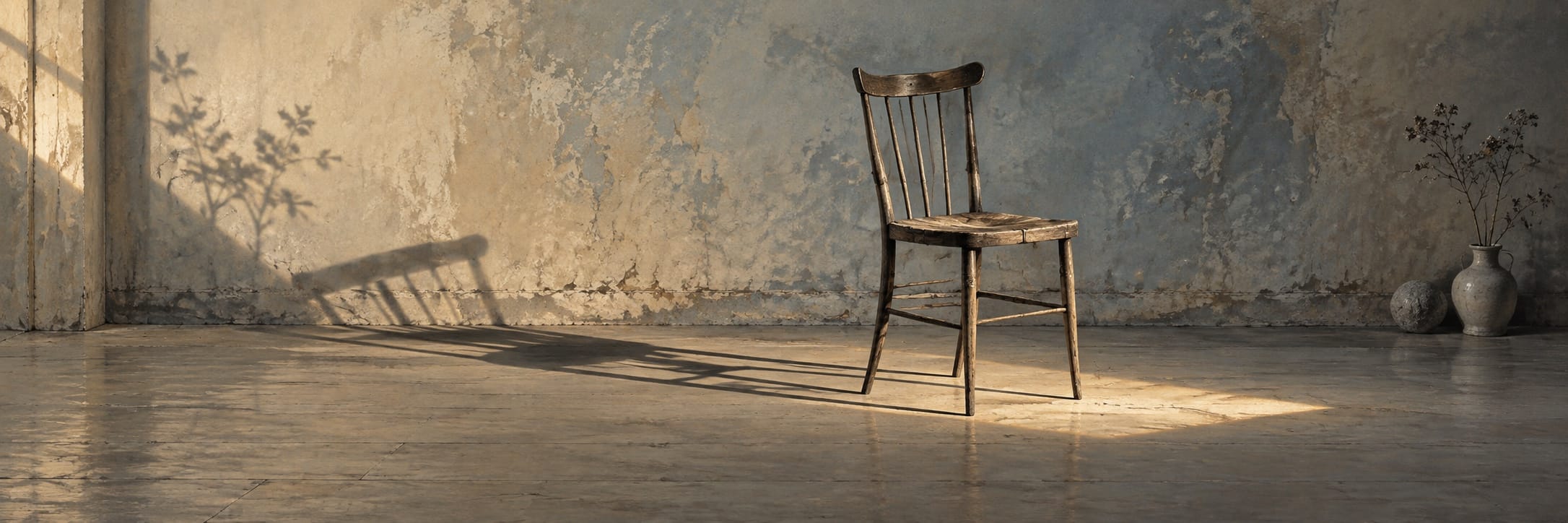 A worn blue room contains a wooden chair, a small table and a looping band of light.