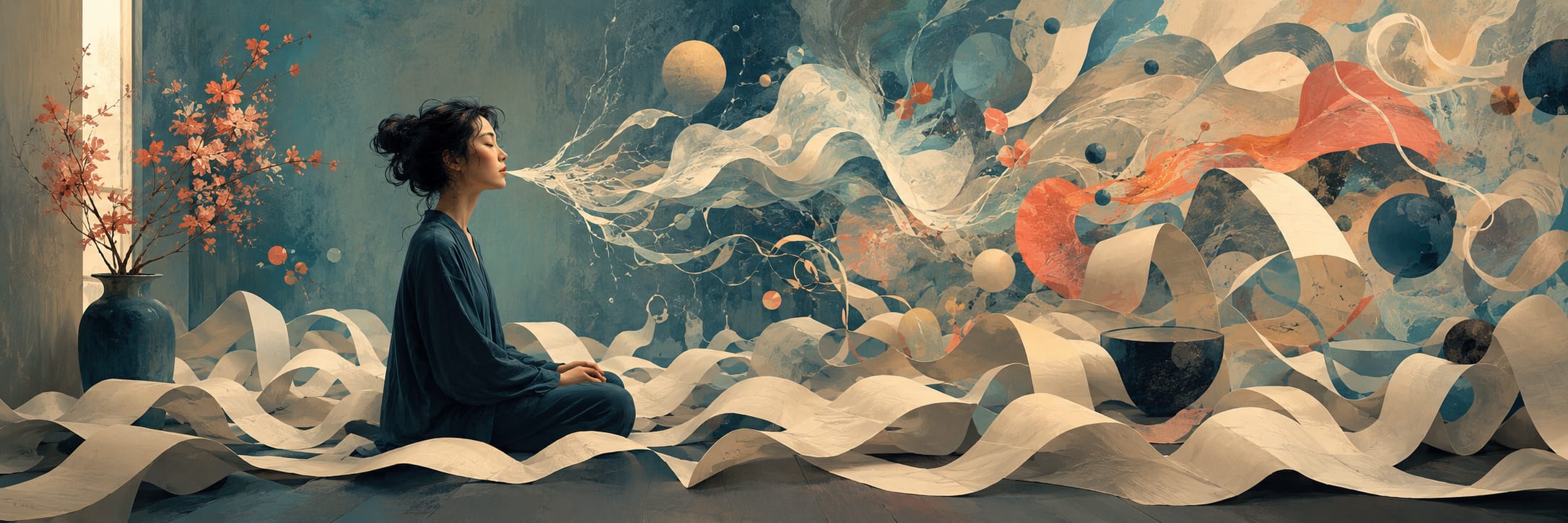 A woman sits cross-legged indoors amid swirling abstract shapes and flowing paper-like ribbons in a colorful scene.