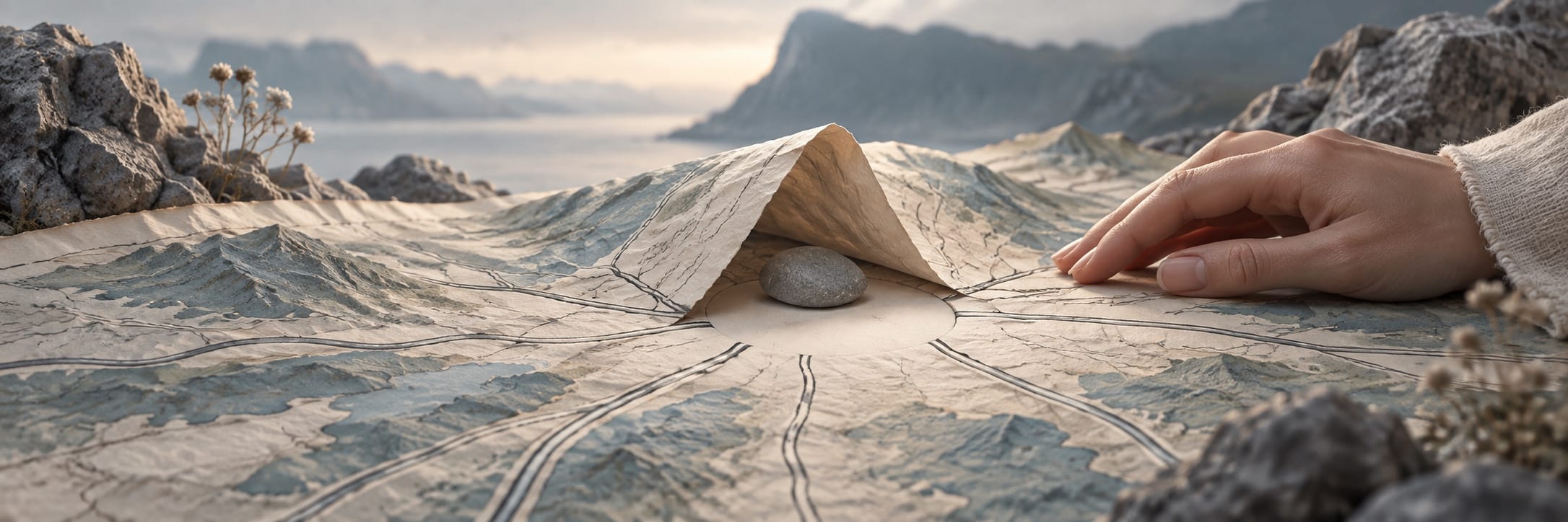 A surreal hand lifts a mountain-shaped map to reveal a stone, with distant peaks and shimmering water in the background.