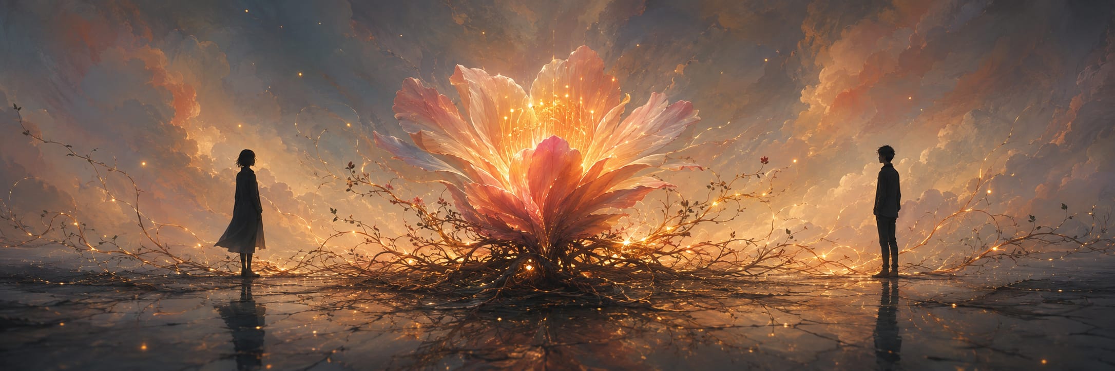 A large glowing flower with golden lights blooms between two people under a cloudy sky, creating a surreal, fantastical mood.