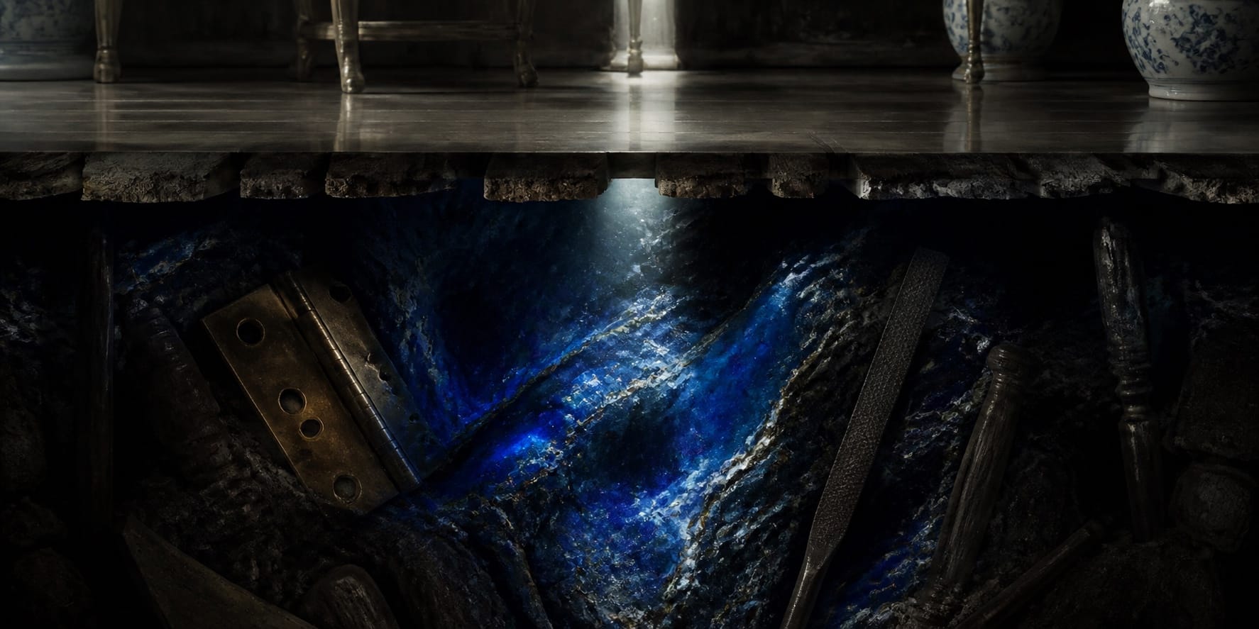 A beam of light descends into a deep cobalt mineral opening beneath a polished reflective surface.