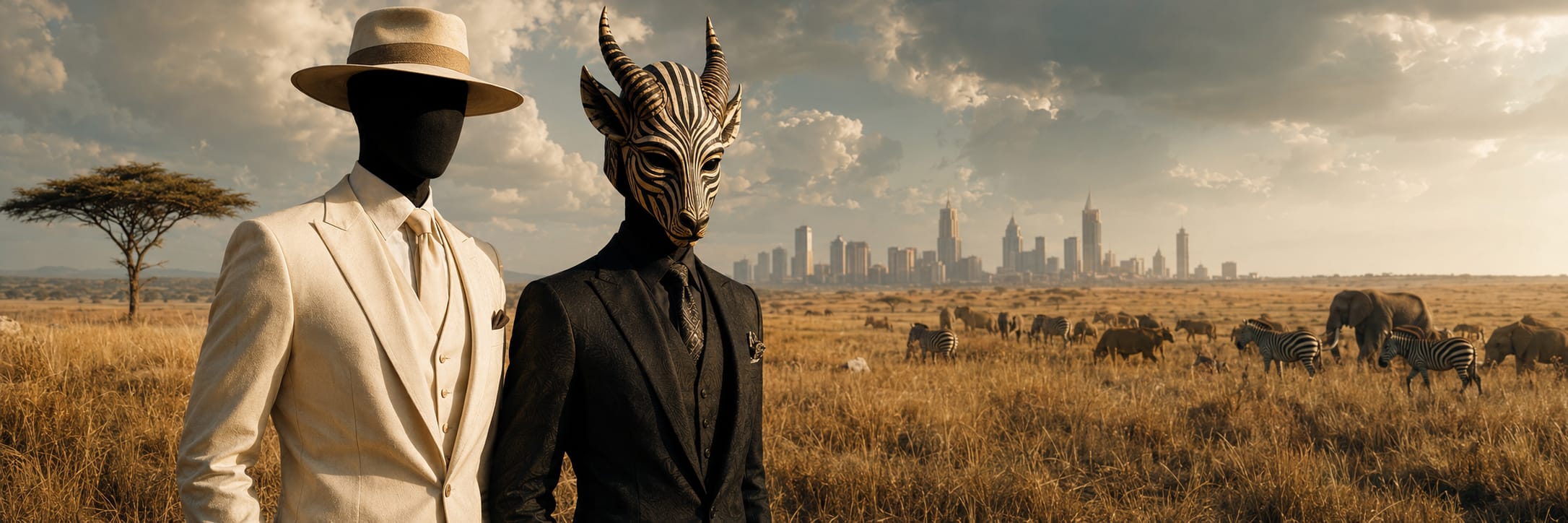 Two faceless figures in suits stand in a surreal savanna; one wears a hat, the other a zebra mask, with nature and reflection present.