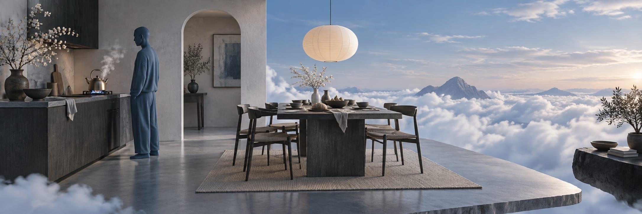 A dining room and kitchen float above the clouds with distant mountains; a person stands at the stove.