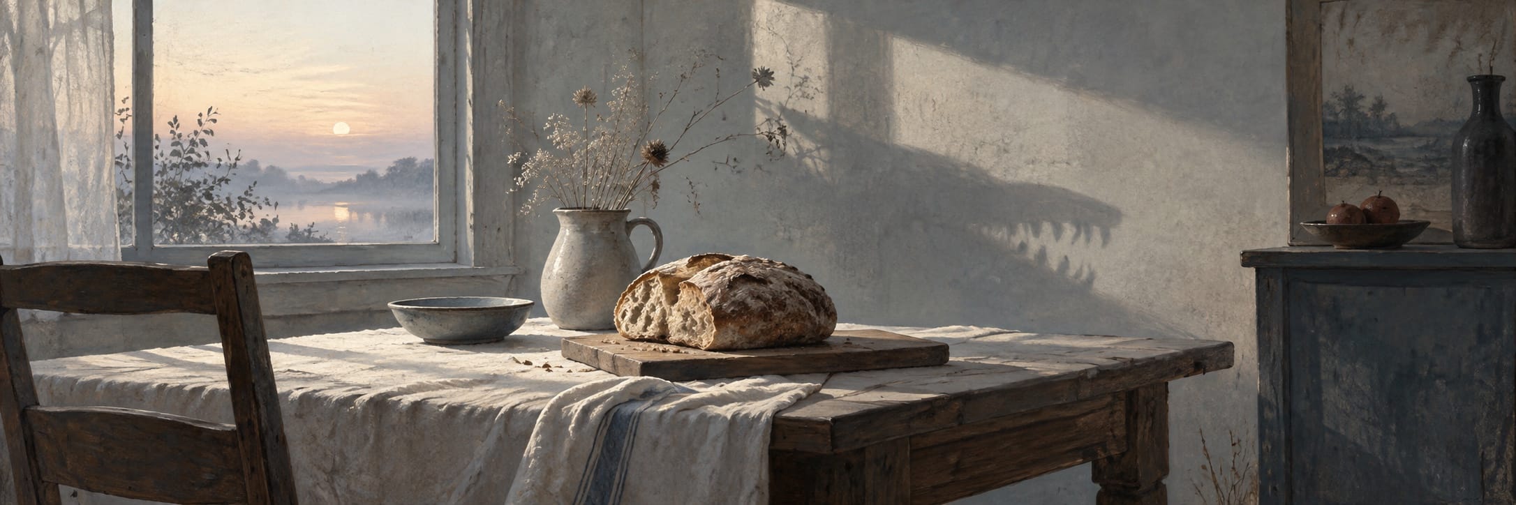 A sunlit kitchen table is set around a large pale curved form.