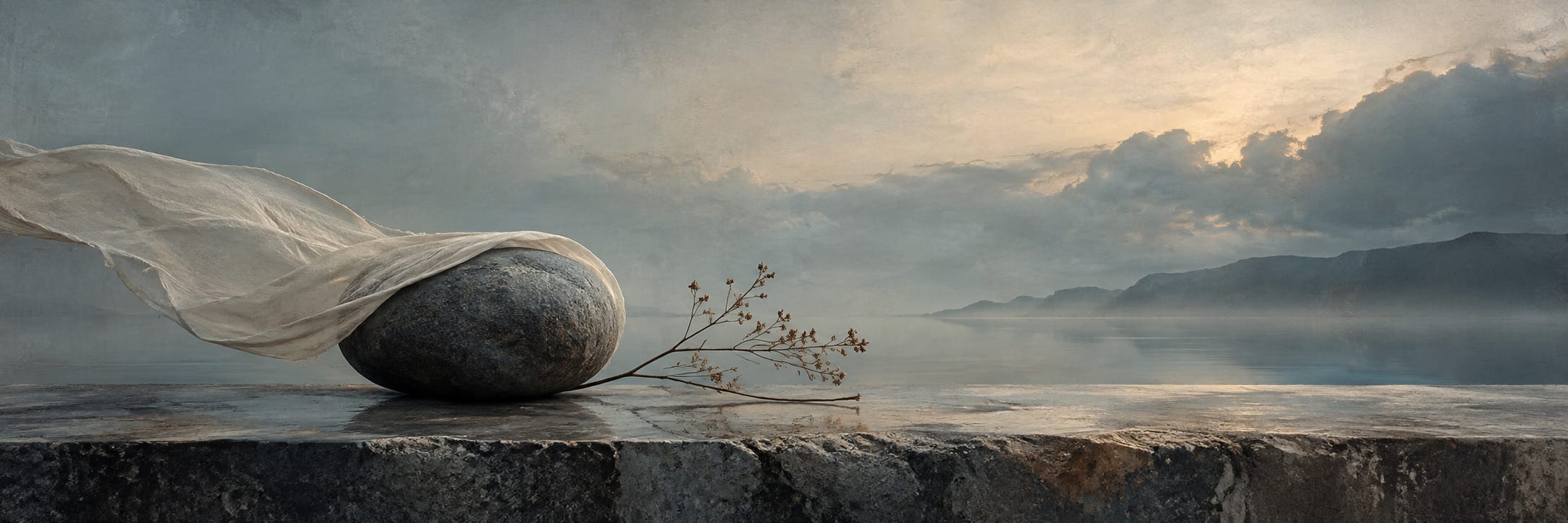 Text-free conceptual editorial artwork for The Calm Object Moves First.