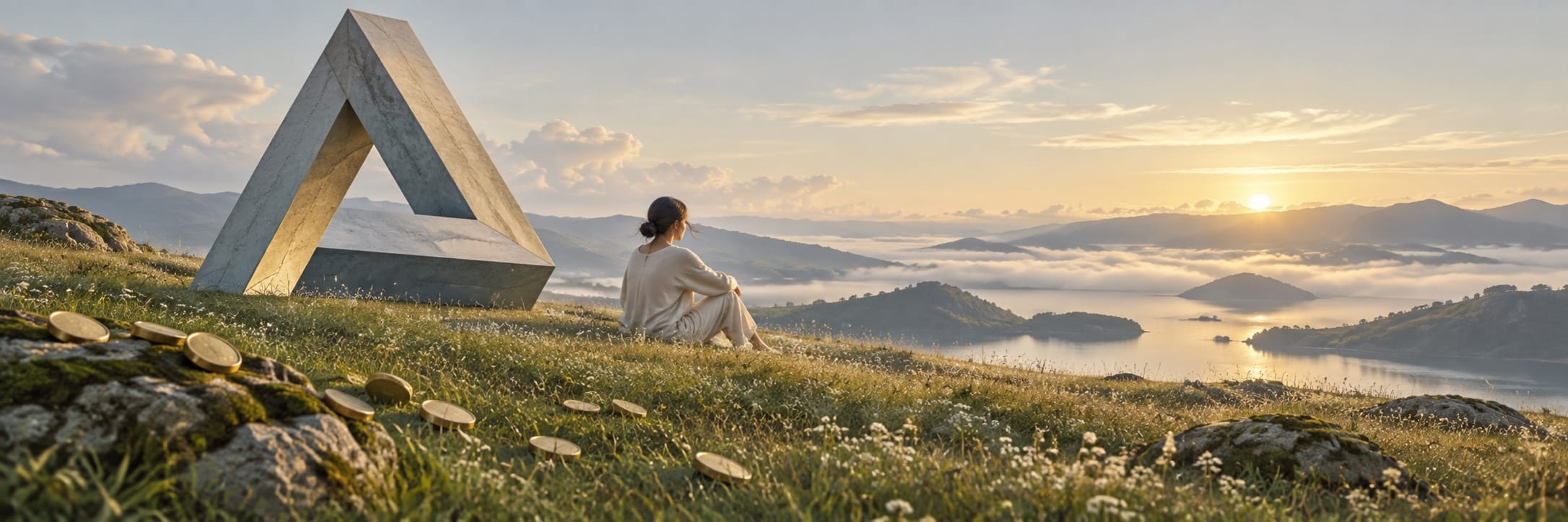 A person sits next to a triangular sculpture on a grassy hilltop, gazing at a fantastical lake and mountains at sunrise.