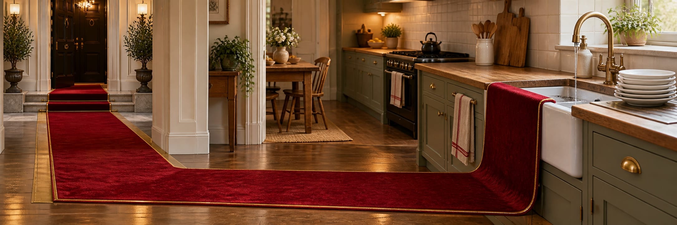 A red carpet runs from the front door, through the kitchen and over the sink, leading to a dining area.