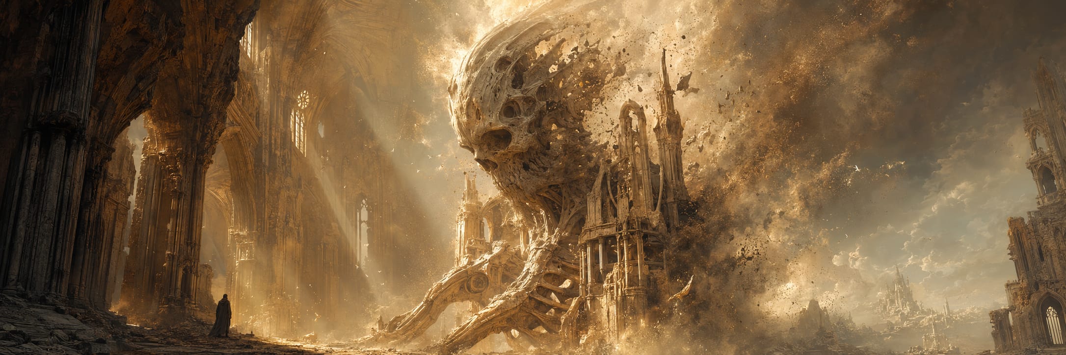 A lone figure confronts a crumbling skull among ancient ruins beneath a swirling golden sky.