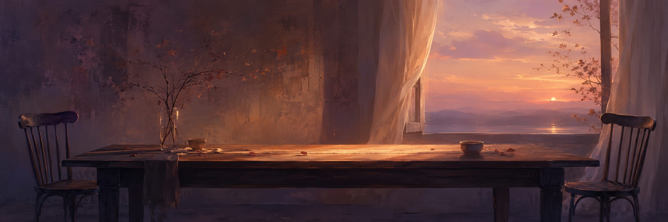 Wooden table and two chairs by an open window at sunset, surrounded by leaves and soft natural light.