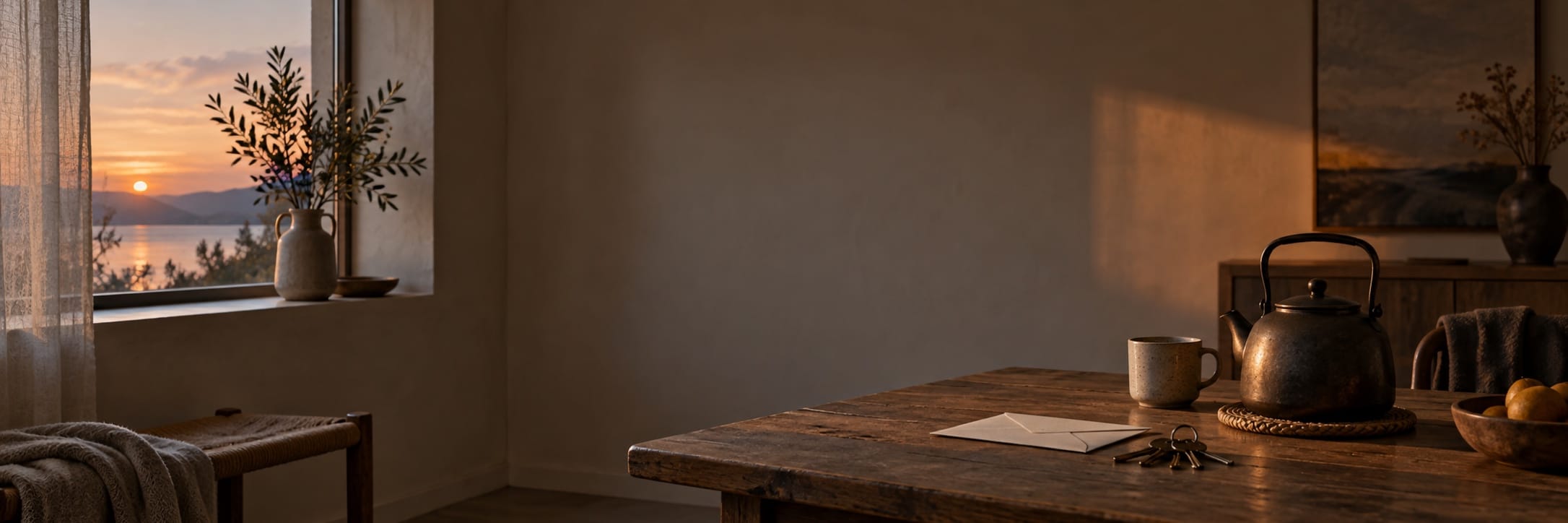 A rustic table holds a kettle, mug, and letter in a cozy, minimalist room, creating an inviting and reflective atmosphere.