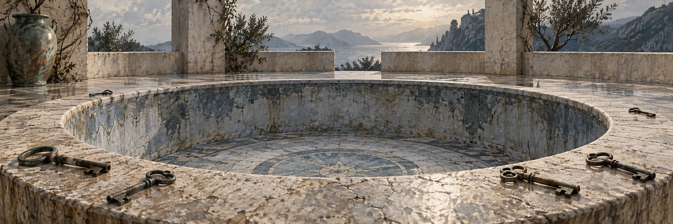 An empty circular courtyard pool is surrounded by stone paving, trees and scattered keys.
