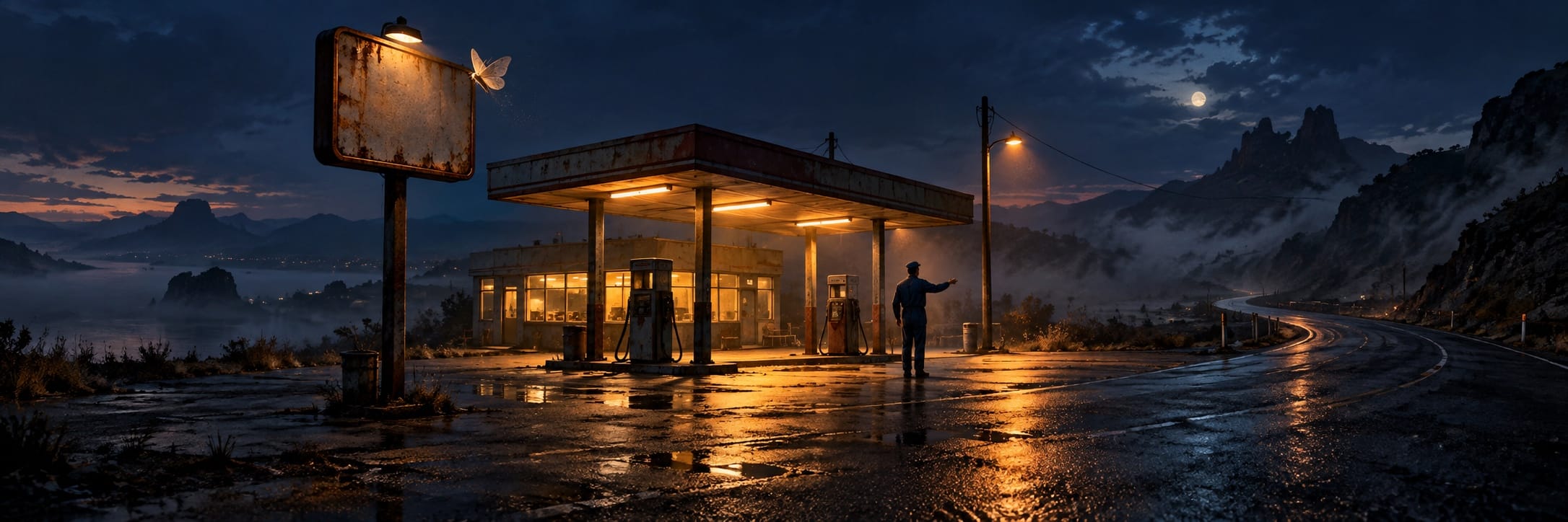 A person stands at an old gas station at night, with mountains in the background and wet pavement reflecting the scene.