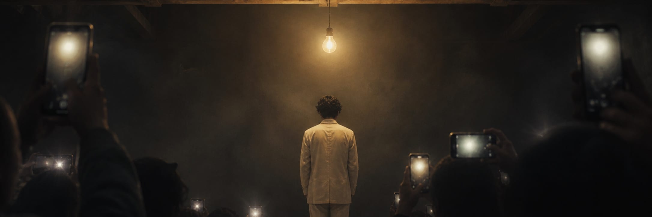 An anonymous figure in a pale suit stands beneath a single warm bulb while a surrounding crowd raises glowing phones in a dark hall.