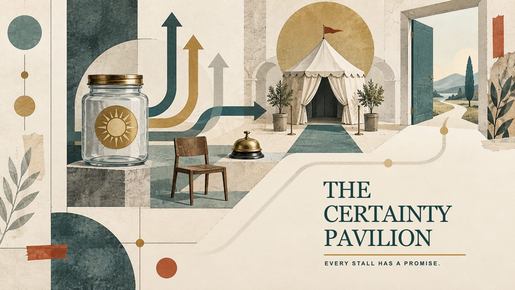 A collage-like pavilion stands beyond a brass bell and empty chair, with directional arrows, a glass jar and an open door leading into a pale landscape.