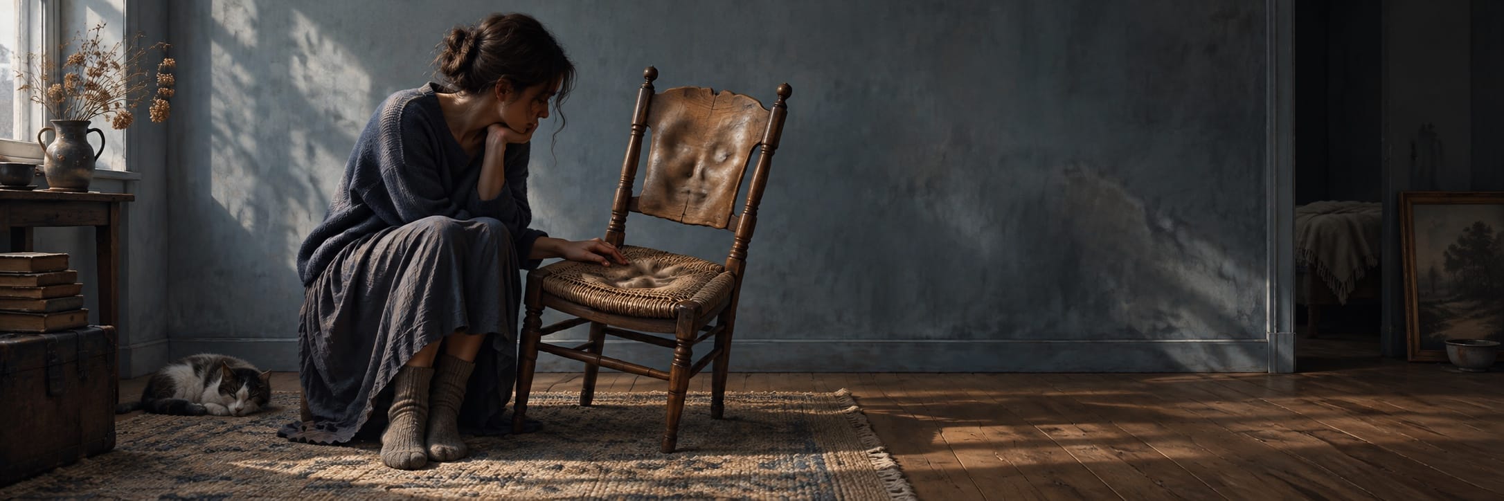 A woman in a gray dress sits on a rug, quietly reflecting as she gazes at an empty chair in a peaceful, natural setting.