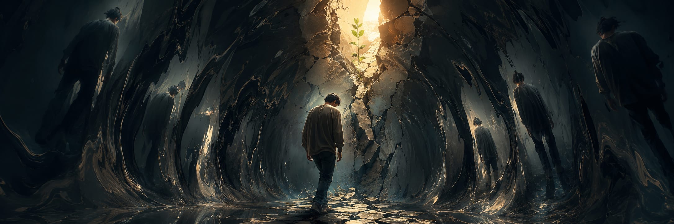 A man stands in a chaotic tunnel where nature breaks through, his reflections appearing on cracked walls.
