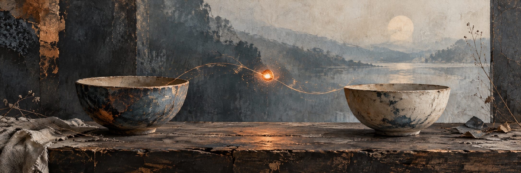A glowing ember arcs between two worn ceramic bowls on a wooden table.