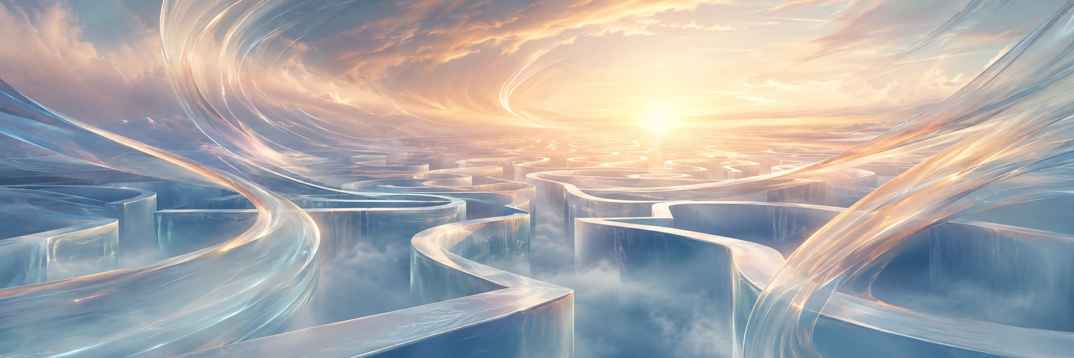 A glowing sun rises over a reflective icy maze with swirling clouds, creating a surreal, otherworldly landscape.