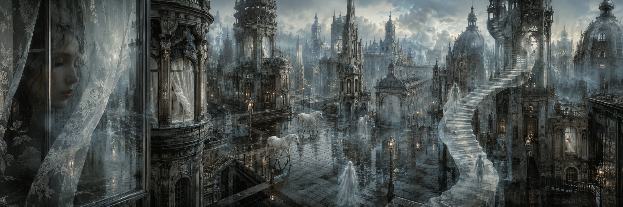 Misty, ornate city with grand towers and winding staircases, featuring ghostly figures and a sense of mystery and chaos.